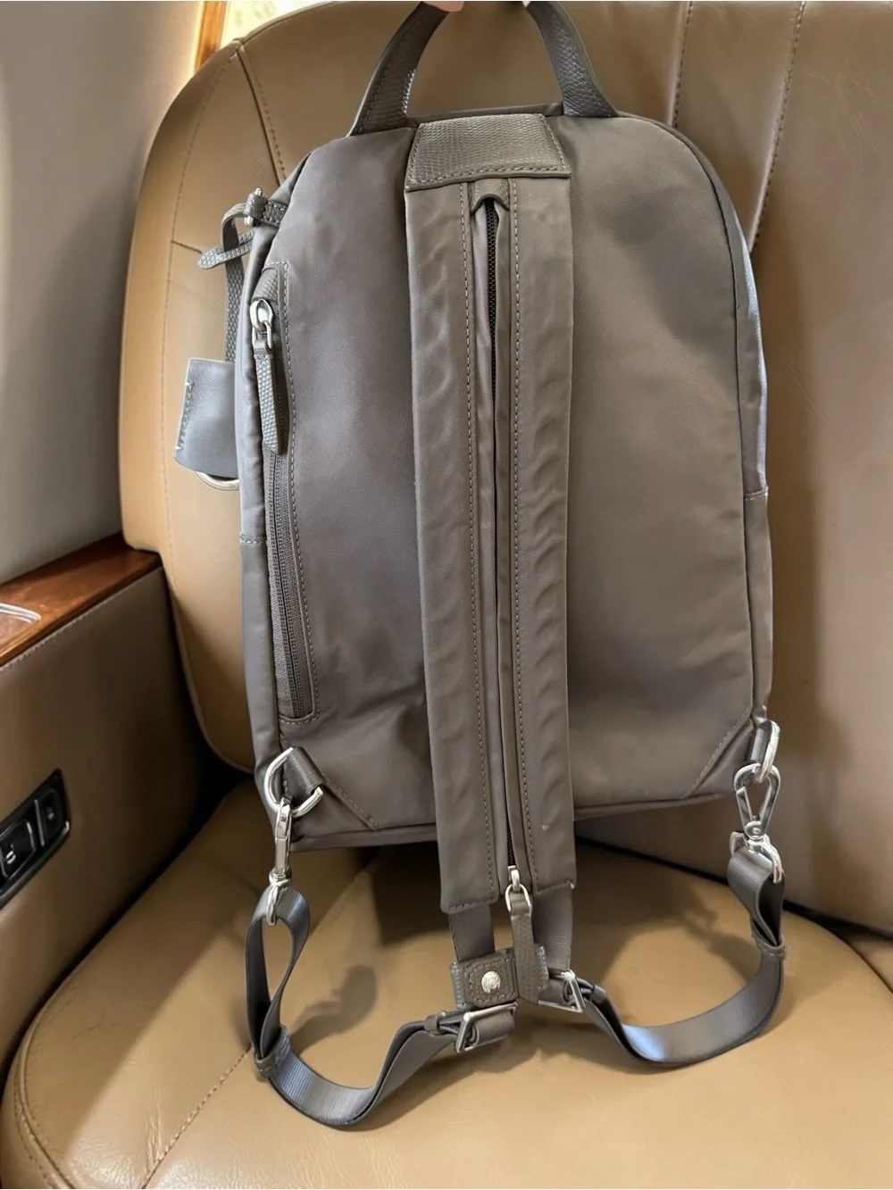 TUMI Voyageur Halle Backpack Nylon Leather Taupe Grey Travel Work Bag E517